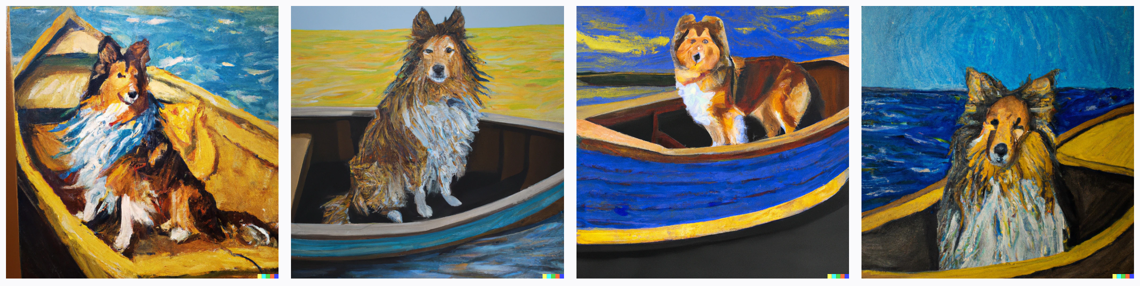 A sheltie on a boat in the style of Van Gogh
