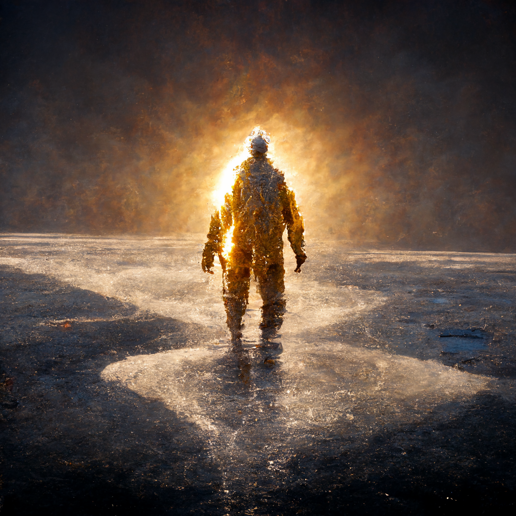 A man made out of ice walking on the surface of the sun