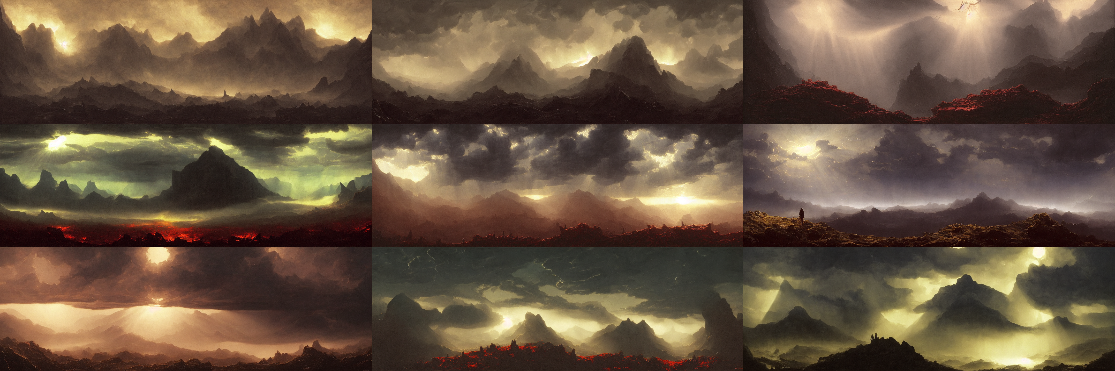 Low ultrawide shot, dark mountains abyss, stylized, detailed gouache paintings, crepuscular rays, dark, murky, foggy atmospheric, nicola samor